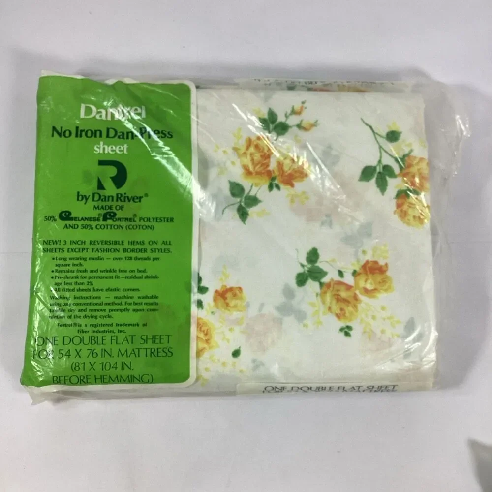 Vtg Dantrel Floral Double Sheet Set Flat Fitted 2 Cases New Old Stock Dan River